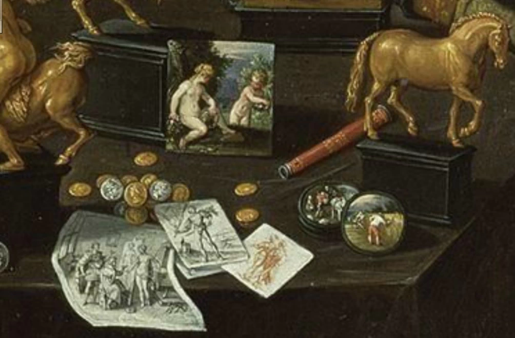 II - La Galleria di Cornelis van der Geest, Rubenshuis, Anversa, Natura morta con stampe e dipinto di Campaspe ceduta ad Apelle, dettaglio